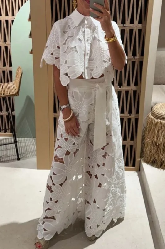 Solid Color Cutout Lace Laid Back Wide Leg Pant Suit Classic Stretch Pants
