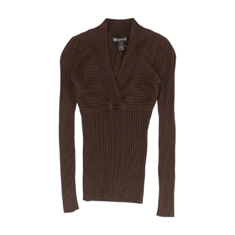 Brown Solid V-Neck Sweater Nylon Fabric Polyester Fabric Spandex Fabric