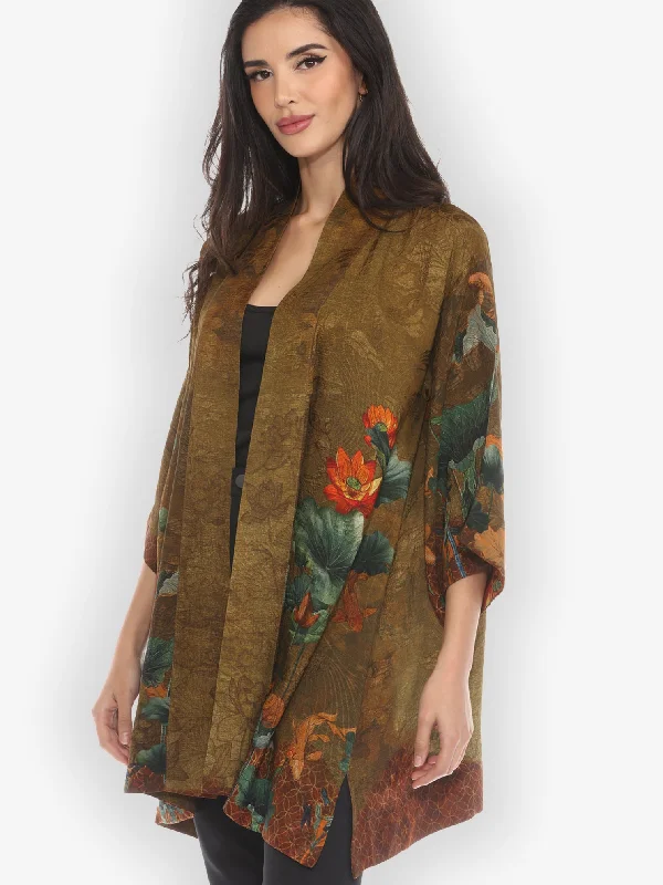 Lotus Paradise Silk Kimono Jacket Quilted Jacket Puffer Jacket Insulated Jacket
