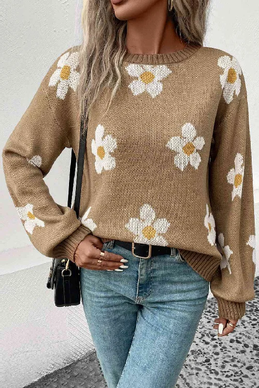 Floral Dropped Shoulder Sweater Soft Cozy Warm