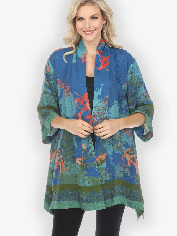 Waves and Crane in Blue Kimono Jacket Denim Fabric Leather Fabric Suede Fabric