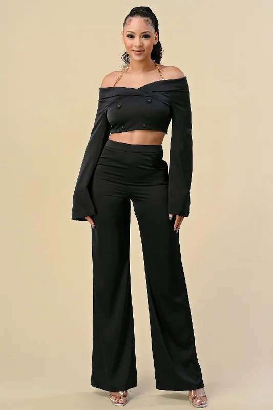Off Shoulder Chain Halter Crop Jacket Pant Set Fashionable Button-Up Pants