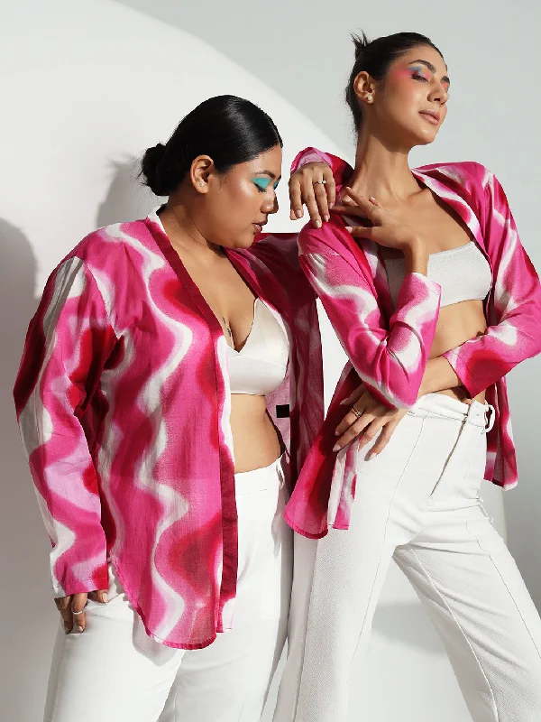 Front Open Abstract Print Jacket - Pink Jacket Blazer Coat