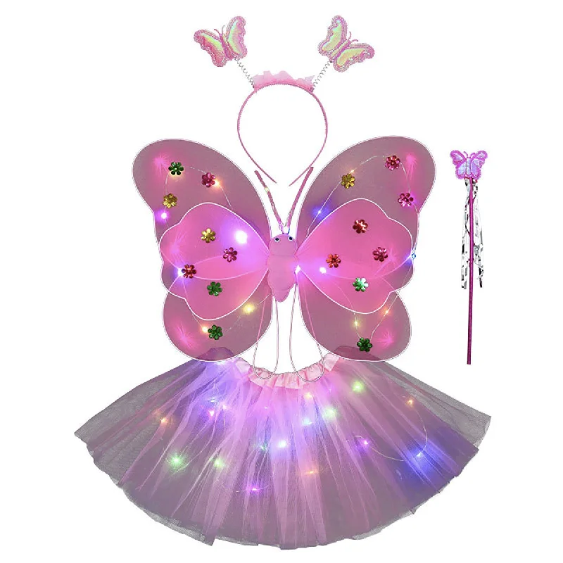 Butterfly wings, Skirt, hairband and magic wand with LED lights for Girl's Birthday One size fits (3-7 Years)-Pink linen skirt light Butterfly wings, Skirt, hairband and magic wand with LED lights for Girl's Birthday One size fits (3-7 Years)-Pink linen skirt light