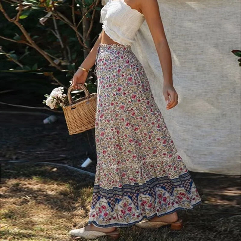 Vintage Floral Summer Cotton Skirts high waist skirt