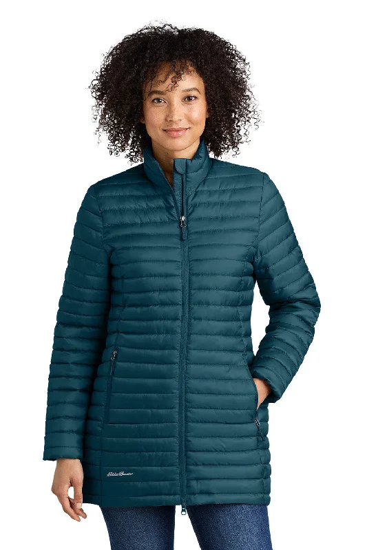 Eddie Bauer Womens Packable Quilted Water Resistant Full Zip Jacket - Adriatic Blue Zippered Front Buttoned Front Snap Front
