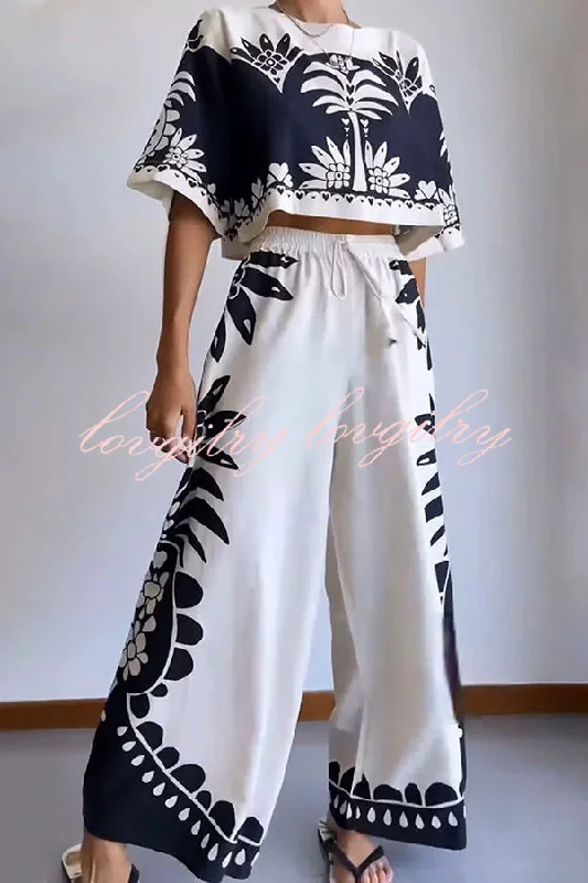 Exotic Holiday Ethnic Print Loose Top and Elastic Waist Wide Leg Pants Set Soft Stretch Pants Exotic Holiday Ethnic Print Loose Top and Elastic Waist Wide Leg Pants Set Soft Stretch Pants
