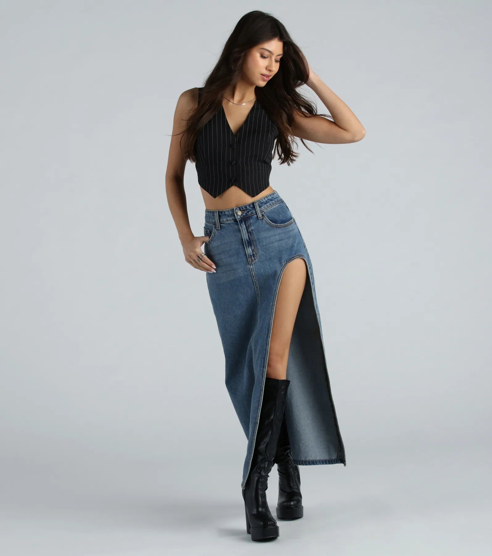 Sound The Alarm High Slit Denim Maxi Skirt floral skirt print