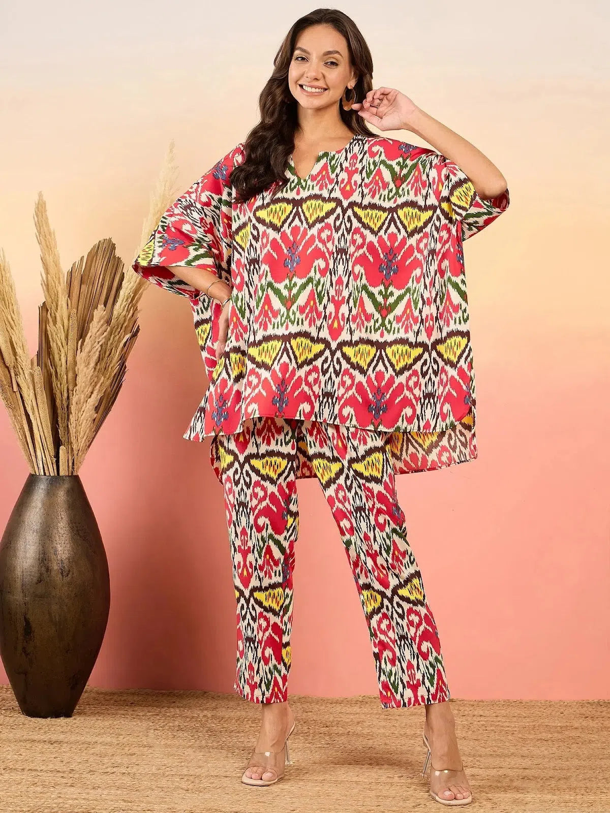 Anti Fit Kaftan Top with Pants in Red and Cream Ikkat Print Chic Slim Fit Pants