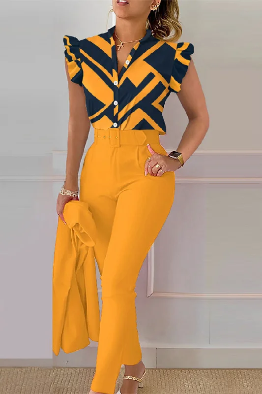 Geometric Print Chic Ruffle Pant Suit Stylish Elastic Waist Pants