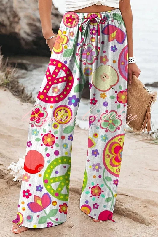Colorful Print Elastic Waist Drawstring Pocket Pants Comfortable Denim Leggings