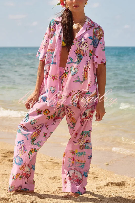 Mermaid Whispers Linen Blend Unique Print Elastic Waist Pocket Wide Leg Pants Classic Flared Pants Mermaid Whispers Linen Blend Unique Print Elastic Waist Pocket Wide Leg Pants Classic Flared Pants
