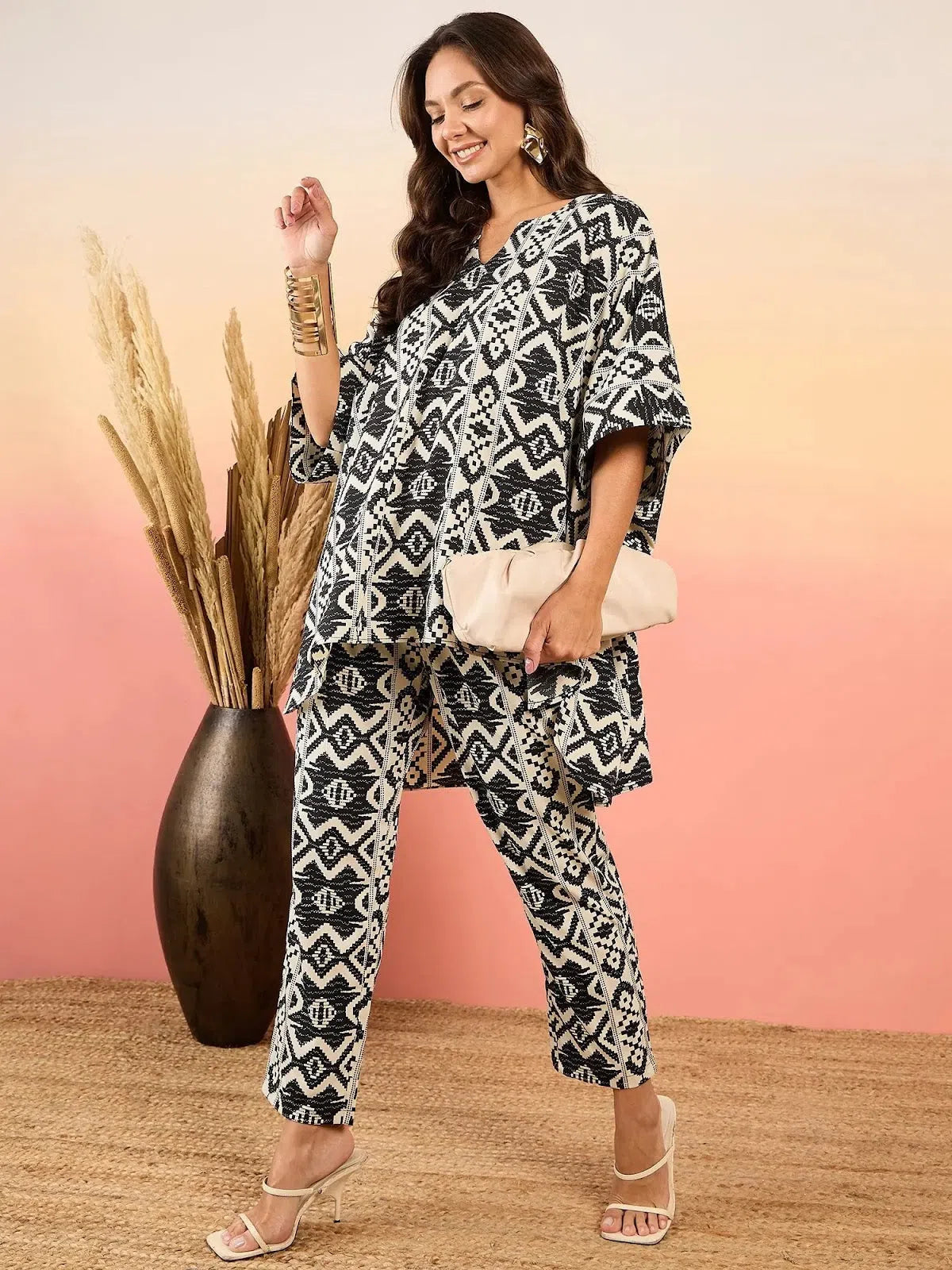 Anti Fit Kaftan Top with Pants in Black and Cream Ikkat Print Trendy Wide-Leg Pants