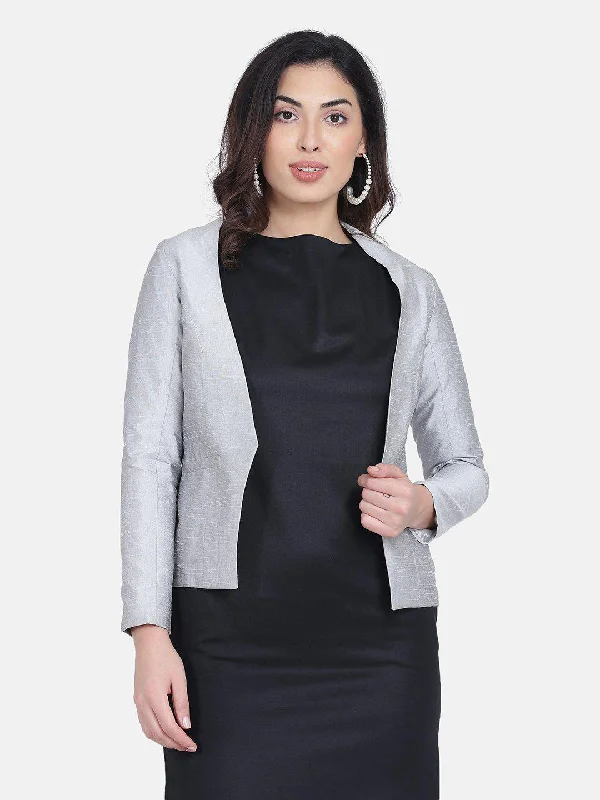 Dupioni Open Front Jacket - Silver Grey Fleece Fabric Down Fabric Feather Fabric