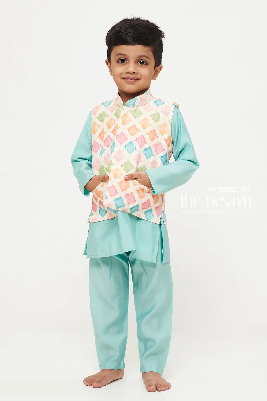 Vibrant Geometric Boys Kurta with Jacket and Pant Set Collared Jacket Crew Neck Jacket Turtle Neck Jacket Vibrant Geometric Boys Kurta with Jacket and Pant Set Collared Jacket Crew Neck Jacket Turtle Neck Jacket