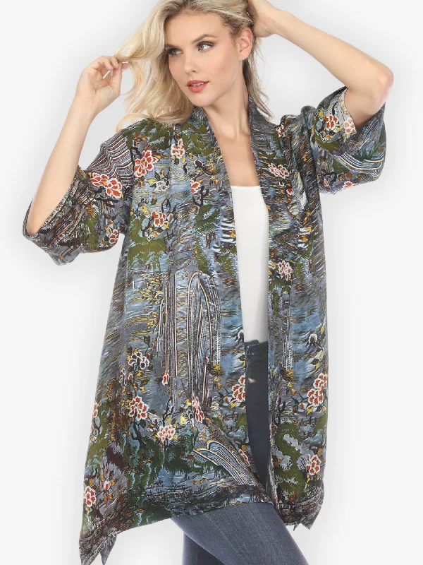 Waterfall and Flowers Silk Kimono Jacket Mesh Jacket Canvas Jacket Denim Jacket