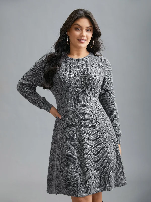 Cable Knit Ribbed Waist Cinched Midi Sweater Dress Sweater Knitwear Pullover