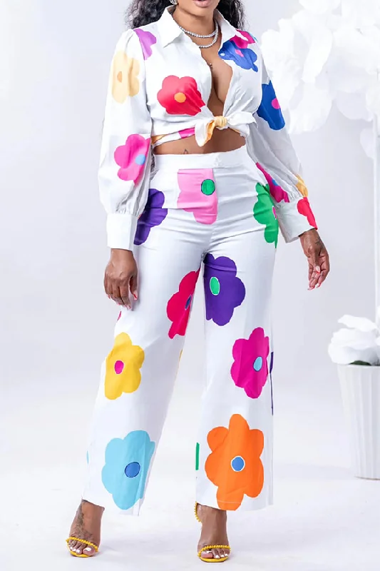 Floral Print Cute Knotted Pant Suit Elegant High-Waist Pants