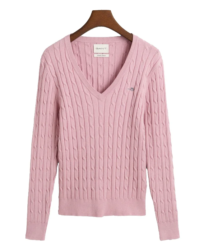 Stretch Cotton Cable V-Neck Sweater - Dusty Pink Modern Contemporary Chic