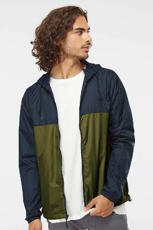 Independent Trading Company Mens Water Resistant Full Zip Windbreaker Hooded Jacket - Classic Navy Blue/Army Green Welt Pockets Slit Pockets Flap Pockets Independent Trading Company Mens Water Resistant Full Zip Windbreaker Hooded Jacket - Classic Navy Blue/Army Green Welt Pockets Slit Pockets Flap Pockets