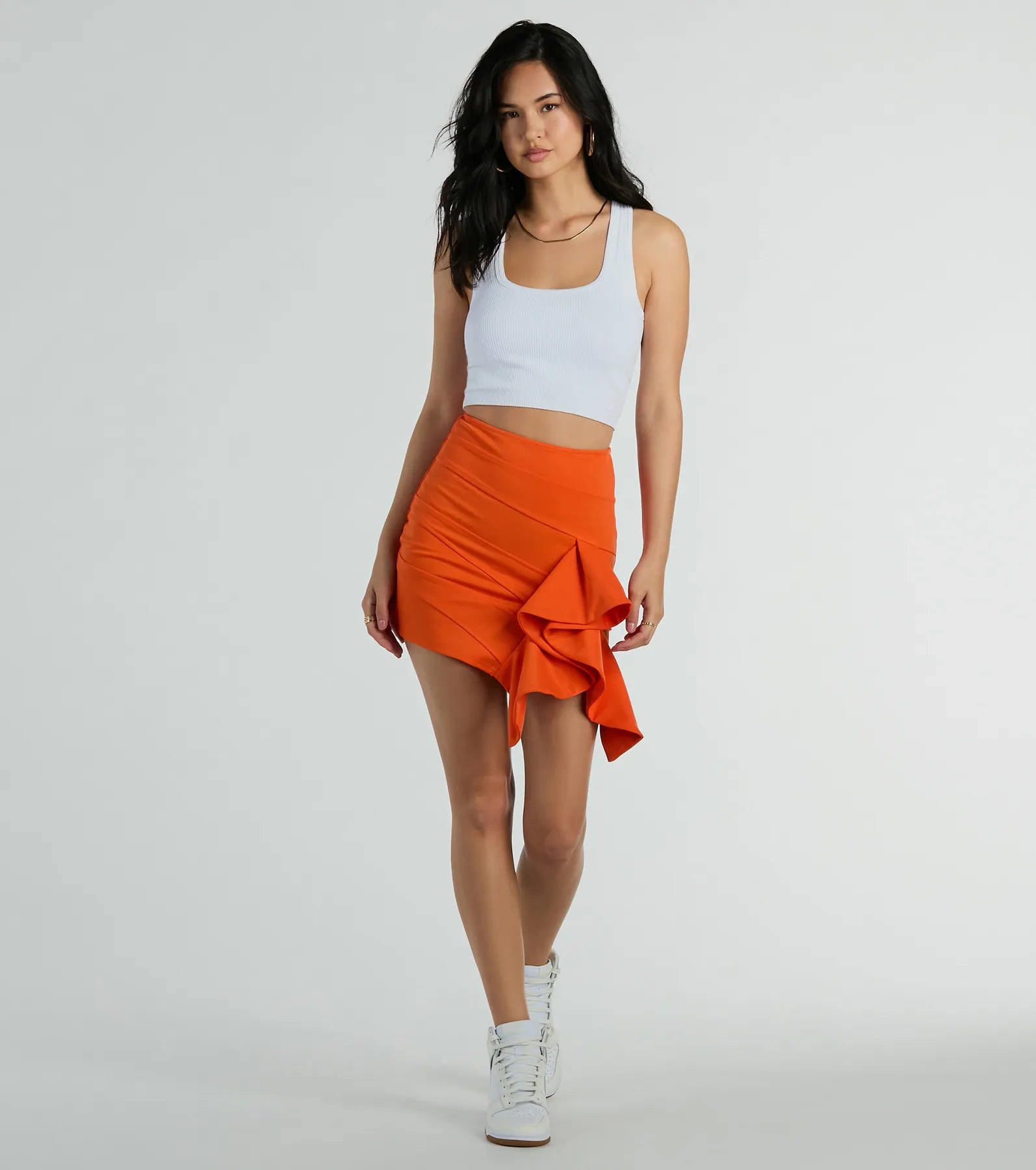 Iconic Moves Ruffled Ponte Knit Mini Skirt leather skirt sleek