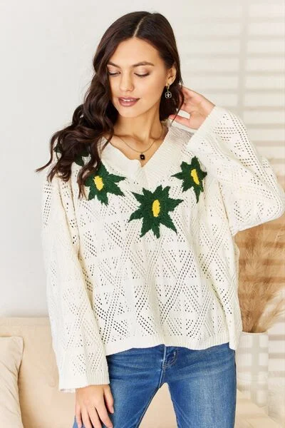 Blue Zone Planet |  Pol Floral Embroidered Pattern V-Neck Sweater Boat Neck Shawl Collar Notched Collar