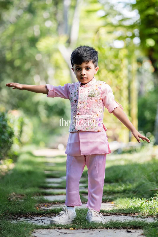 Boys Pink Embroidered Jacket with Kurta and Dhoti Pant Set Satin Fabric Silk Fabric Chiffon Fabric Boys Pink Embroidered Jacket with Kurta and Dhoti Pant Set Satin Fabric Silk Fabric Chiffon Fabric