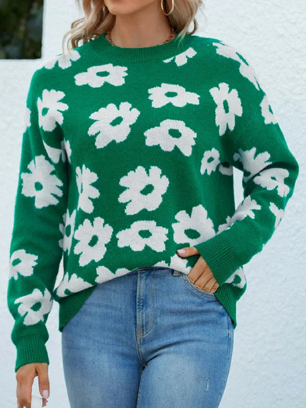 Floral Round Neck Sweater Hooded Caped Shawl Collar