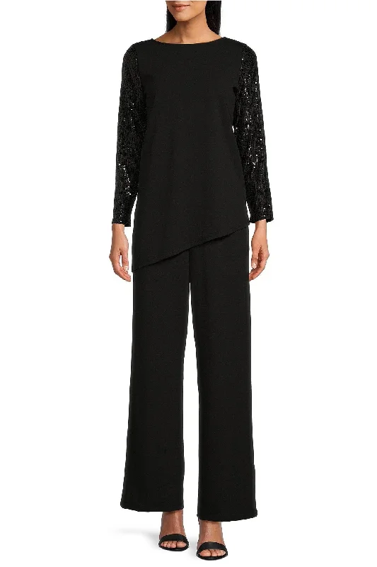 Marina  Sequin Sleeves Pullover Scuba Crepe Pant Set Modern Skinny Pants