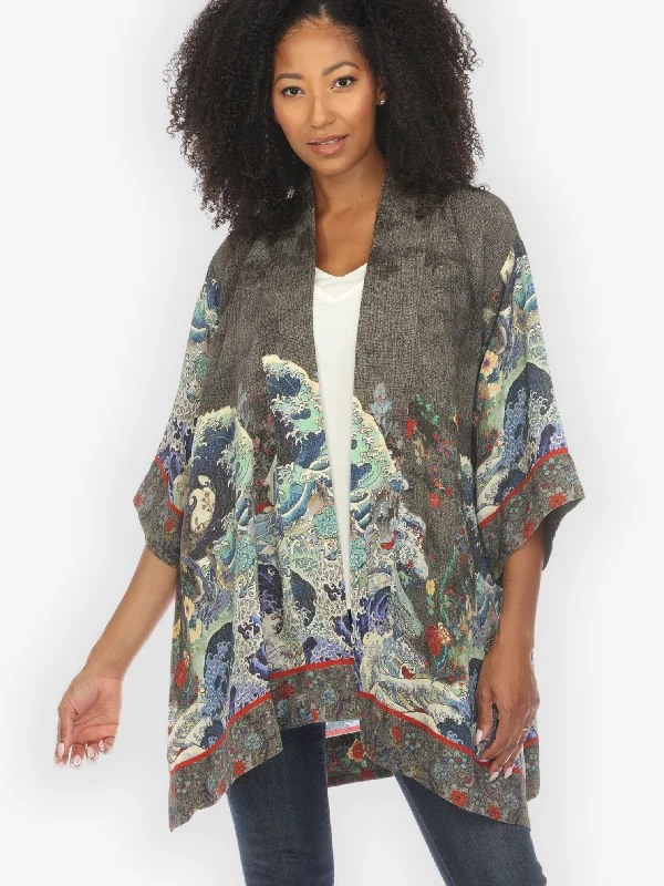 Waves Art in Dark Gray Silk Kimono Jacket Tiered Jacket Buttoned Jacket Zippered Jacket Waves Art in Dark Gray Silk Kimono Jacket Tiered Jacket Buttoned Jacket Zippered Jacket