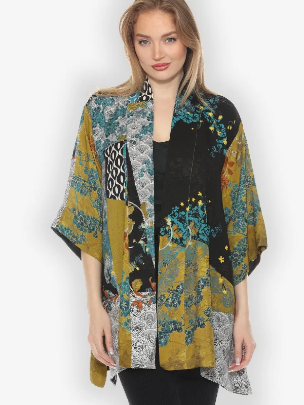 Bohemian Mixed Art in Black Silk Kimono Jacket Fitted Jacket Loose Jacket Oversized Jacket Bohemian Mixed Art in Black Silk Kimono Jacket Fitted Jacket Loose Jacket Oversized Jacket