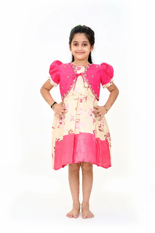 Girls Silk Party Frock with Puff Sleeves and Embroidered Jacket in Pink and Cream Denim Jacket Leather Jacket Suede Jacket Girls Silk Party Frock with Puff Sleeves and Embroidered Jacket in Pink and Cream Denim Jacket Leather Jacket Suede Jacket