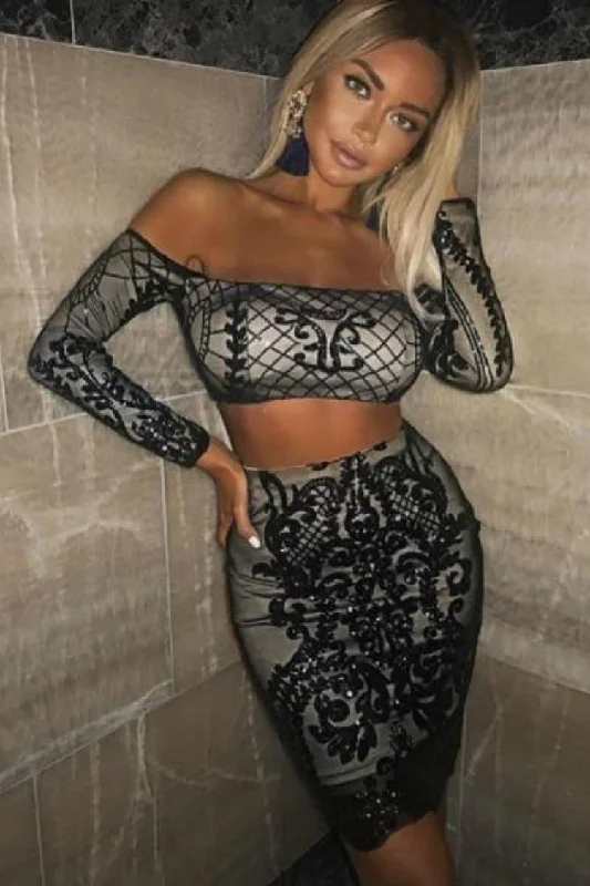 Lust Luxe Black Sequin Brocade Two Piece Skirt Top Co Ord Set cotton skirt soft