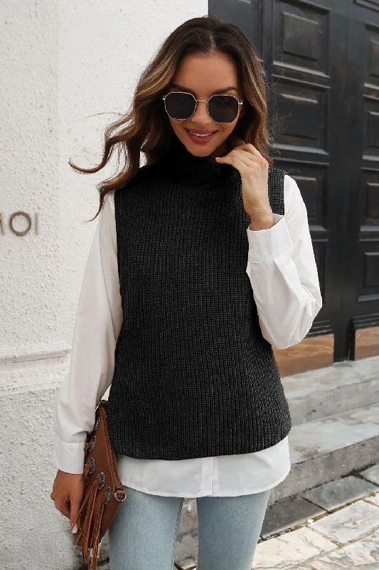 Ribbed Mock Neck Sleeveless Sweater Vest Spandex Rayon Corduroy