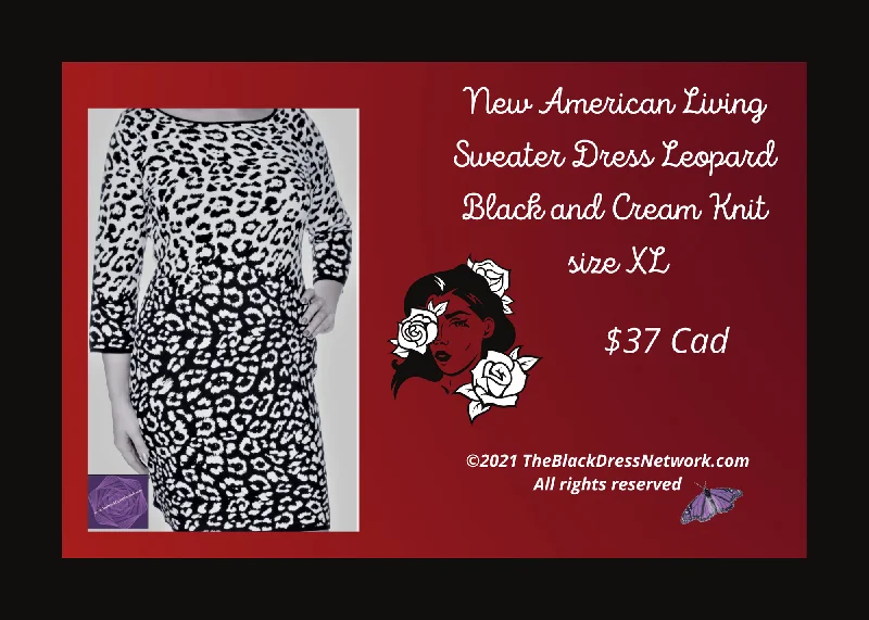 New American Living Sweater Dress Leopard Black and Cream XL Knit Zippered Front Buttoned Front Snap Front