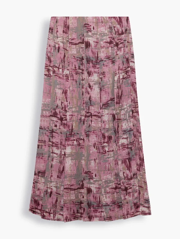 Pleated Midi Skirt in Abstract Pink Print corduroy skirt cozy