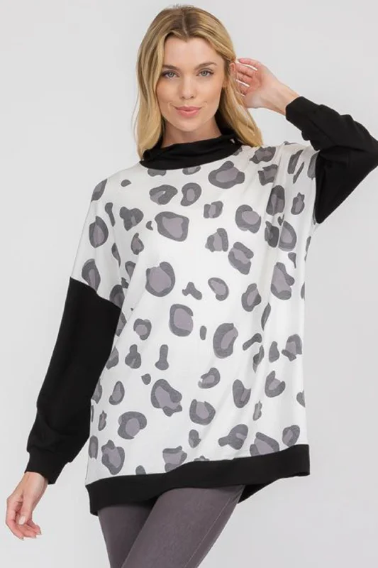 Scattered Leopard Print Mock Neck Sweater Fitted Loose Oversized