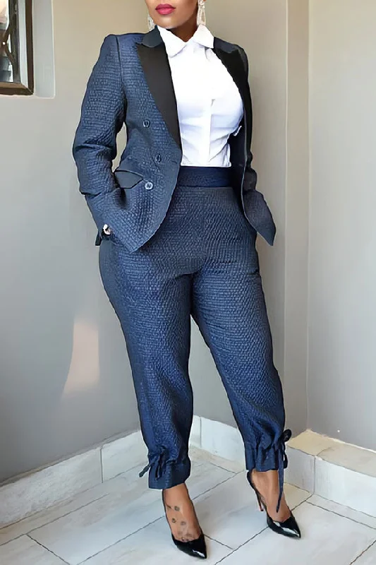 Solid Color OL Peak Lapel Urban Ankle-Tied Pant Suit Slim-Fit Khaki Pants