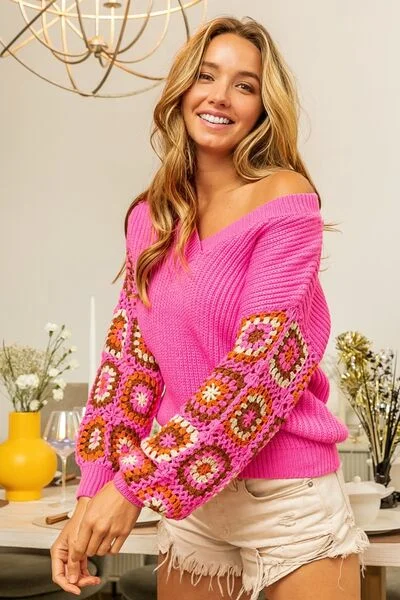 Camilla V-Neck Crochet Long Sleeve Sweater Satin Fabric Silk Fabric Chiffon Fabric