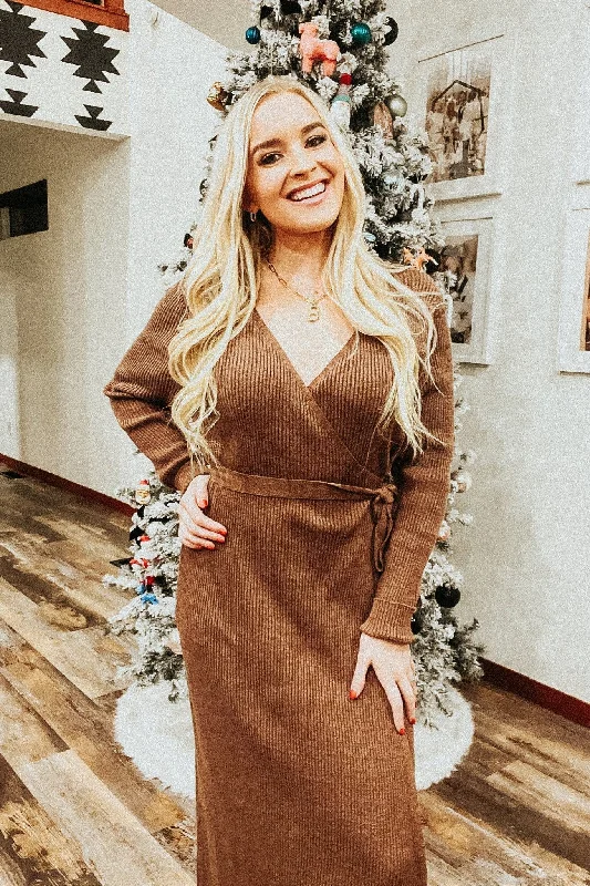 V-Neck Sweater Dress with Tie Velvet Chenille Corduroy