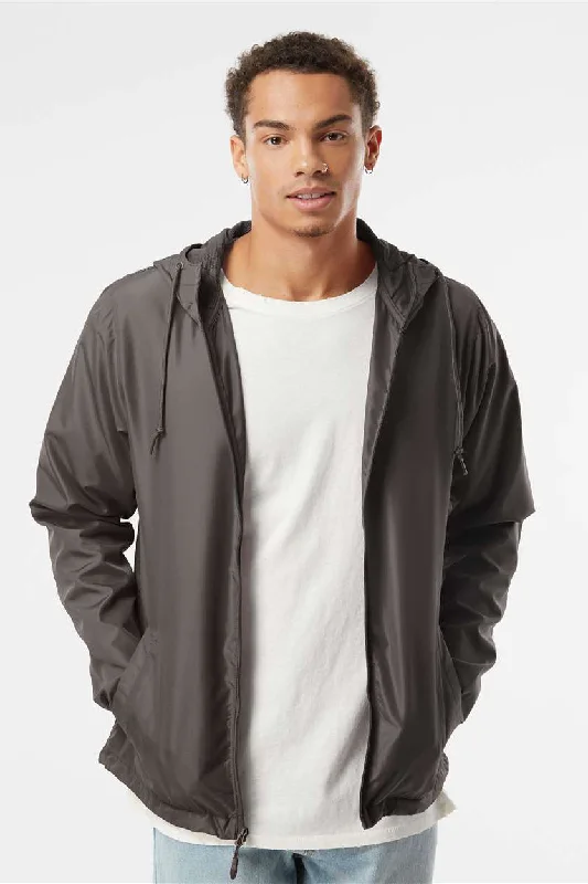 Independent Trading Company Mens Water Resistant Full Zip Windbreaker Hooded Jacket - Graphite Grey Boat Neck Shawl Collar Notched Collar Independent Trading Company Mens Water Resistant Full Zip Windbreaker Hooded Jacket - Graphite Grey Boat Neck Shawl Collar Notched Collar