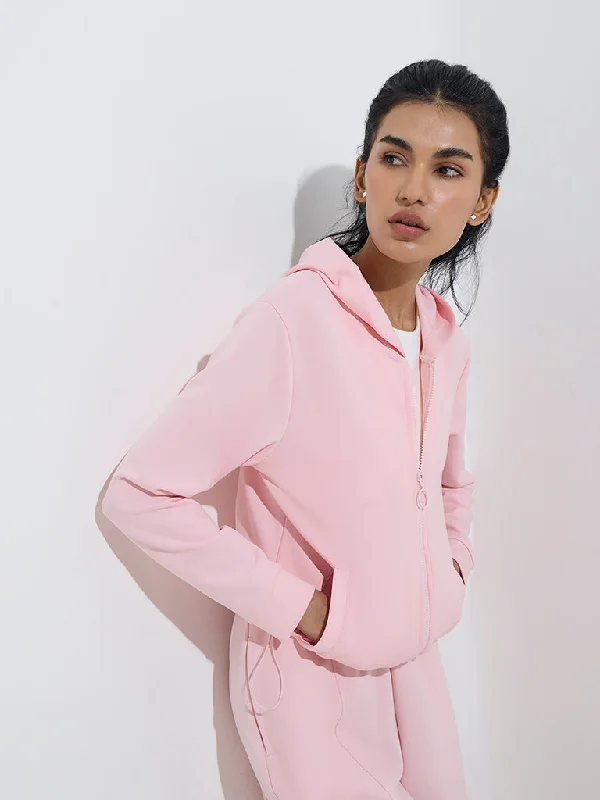 Studiofit Pink Solid Hooded Jacket A-Line Jacket Boat Neck Shawl Collar