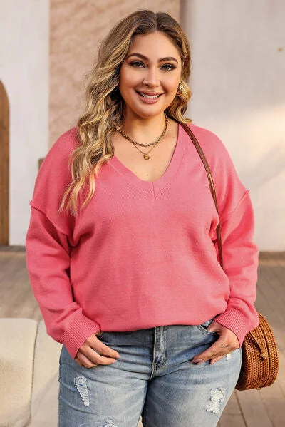Meegan Plus Size V-Neck Dropped Shoulder Sweater Silk Blend Satin Velvet