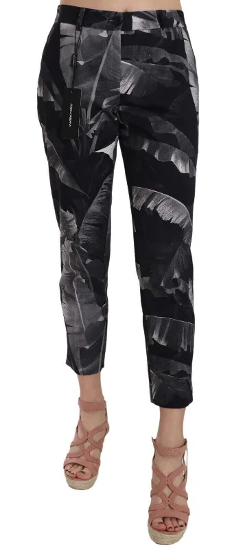 Dolce & Gabbana Elegant Black Banana Leaf Print Capri Pants Stylish Slim Trousers