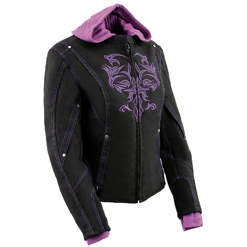Milwaukee Leather MPL1967 Women's 3/4 Hooded Black and Purple Textile Jacket with Reflective Tribal Detail Satin Fabric Silk Fabric Chiffon Fabric Milwaukee Leather MPL1967 Women's 3/4 Hooded Black and Purple Textile Jacket with Reflective Tribal Detail Satin Fabric Silk Fabric Chiffon Fabric
