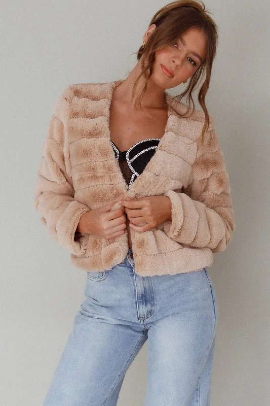 Montana Faux Fur Jacket Camel Snapped Jacket Toggled Jacket Drawstring Jacket