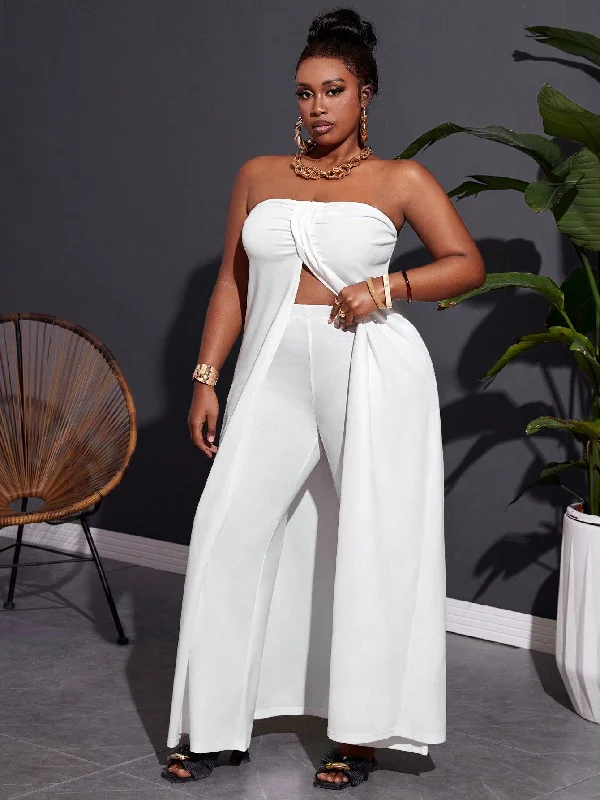 Plus Size Elegant Strapless Front Middle Slit Loose Long Top And Pants Set Modern Skinny Pants