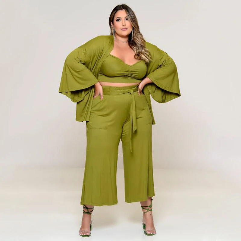 Plus Size Midi Length Wide Leg Pants With Top And Jacket Three-Piece Pants Set Cozy Jogger Leggings
