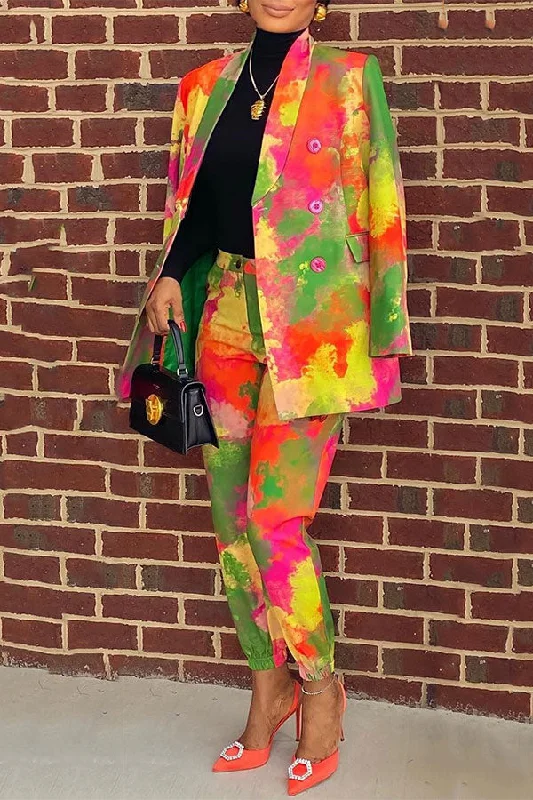 Colorful Splash Ink Print Shawl Collar OL Pant Suit Stylish Slim Trousers