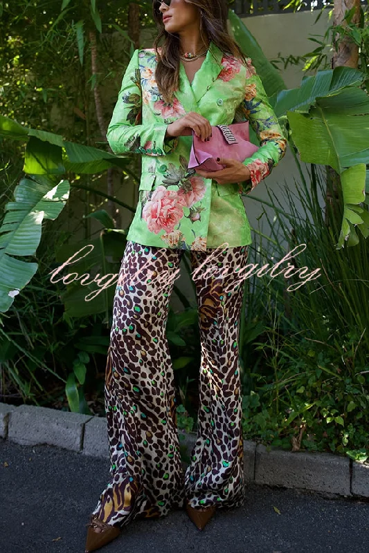 Wild and Free Leopard Printed Elastic Waist Pocket Flare Loose Pants Formal Stretch Pants
